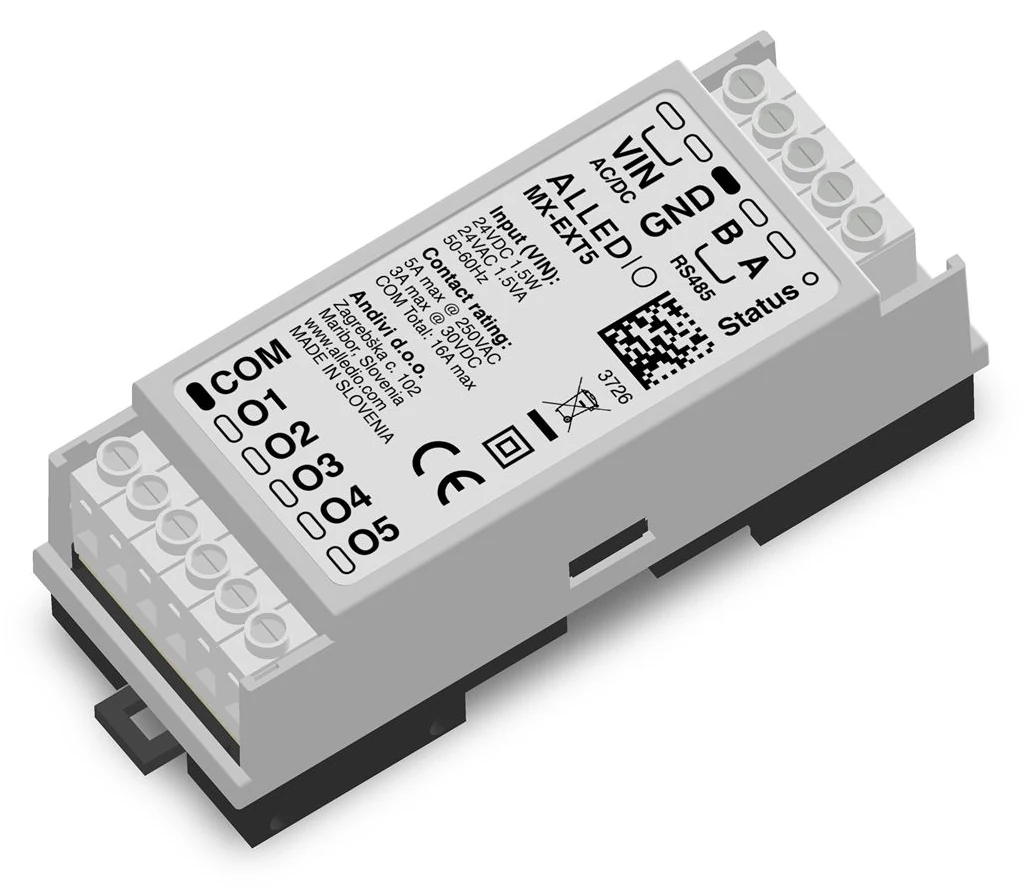 Alledio MX-EXT5 Modbus relejni modul za DIN letev Alledio MX-EXT5 Modbus relejni modul za DIN letev s petimi NO kontakti, sponko COM, 24 V napajanjem in sponkami RS485