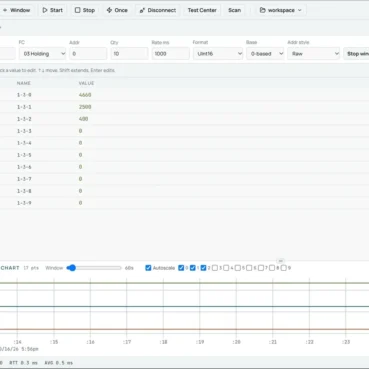 Modbus tester v brskalniku Modbus tester ModbusMate v brskalniku s tabelo registrov, prometnim dnevnikom in grafom